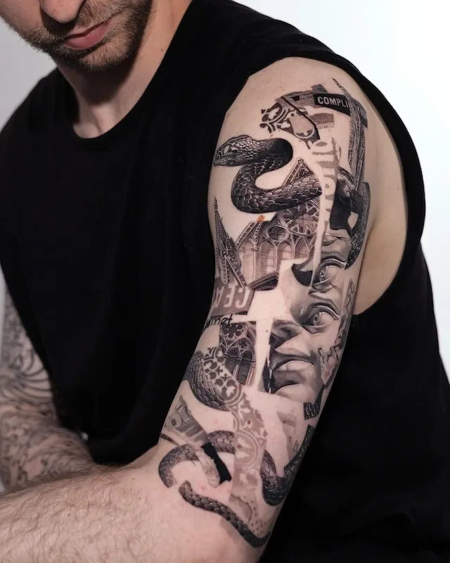 black and grey realism abstract tattoo on man upper arm