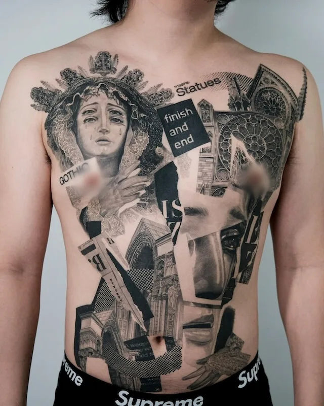 black and grey realism abstract tattoo on man body
