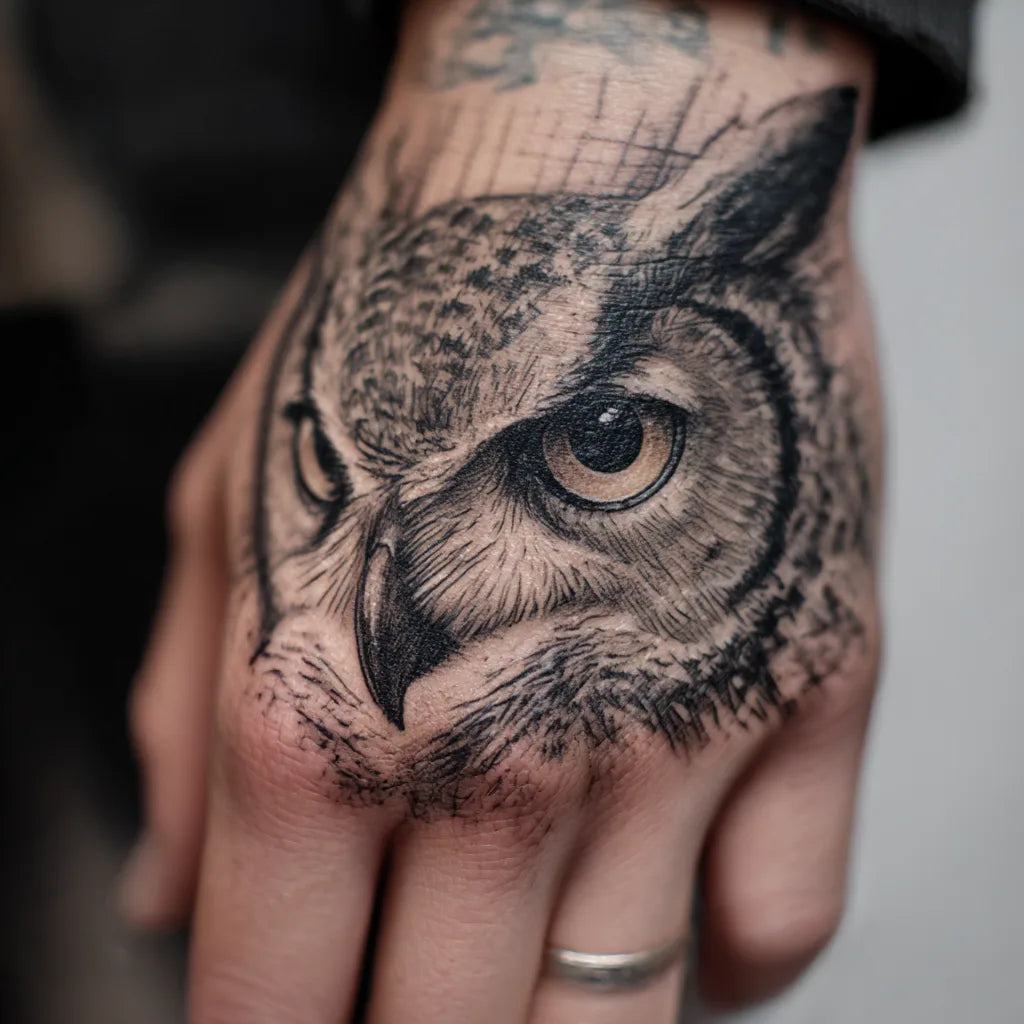 Cool Owl Hand Tattoo