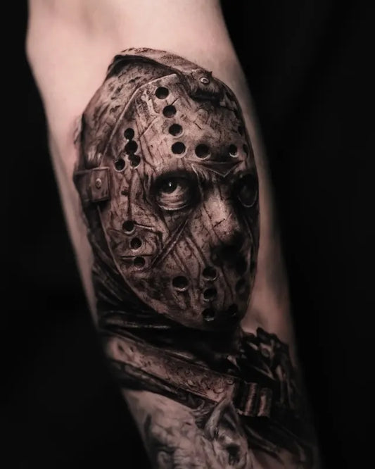 black and grey Jason Voorhees realism portrait tattoo