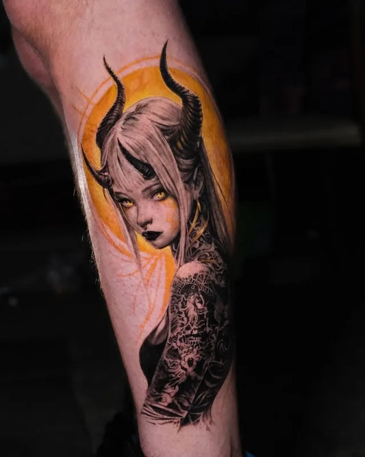 devil tattooed woman with horns black and yellow realism portrait tattoo