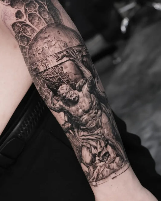 greek atlas mythology black and grey realism arm sleeve tattoo