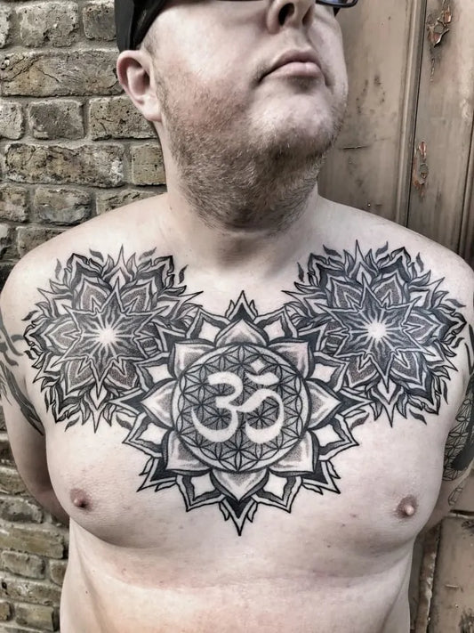 3 geometric mandala om tattoo on man chest