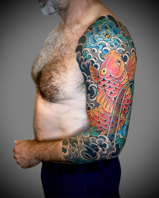 japanese irezumi man full arm sleeve koi fish tattoo
