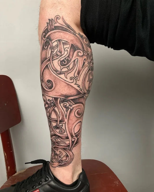 Fenrir viking symbol black and grey dotwork tattoo leg sleeve