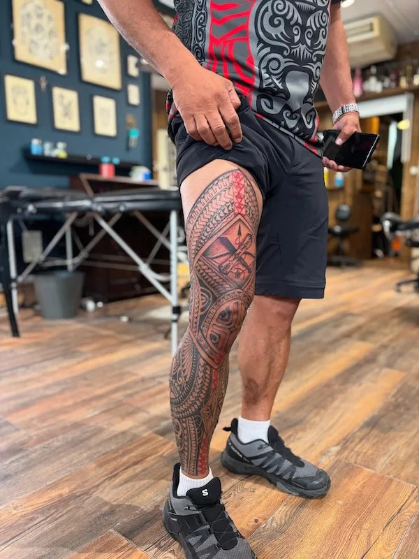 polynesian tribal tattoo full leg sleeve