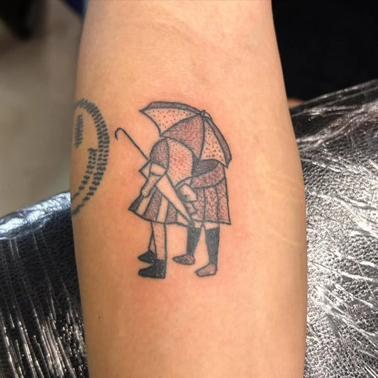 couple under umbrella dotwork tattoo