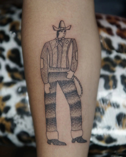 abstract tall man with cowboy hat black and grey dotwork tattoo