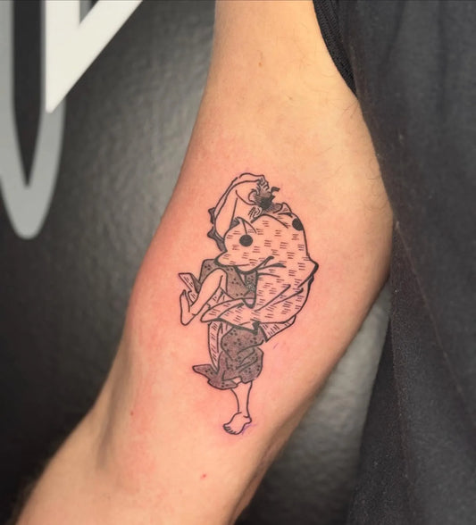 black and grey japanese guy in kimono dancing tattoo on man bicep