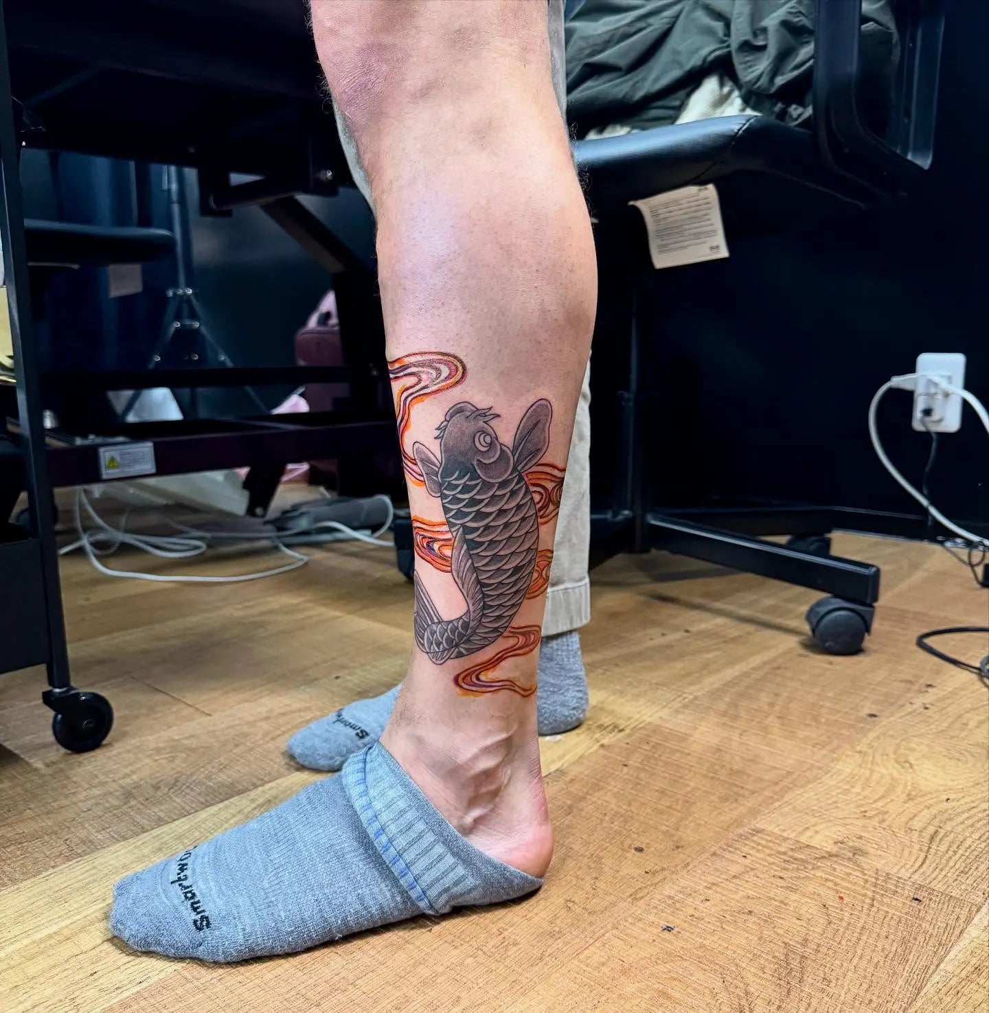 japanese koi fish tattoo on man leg