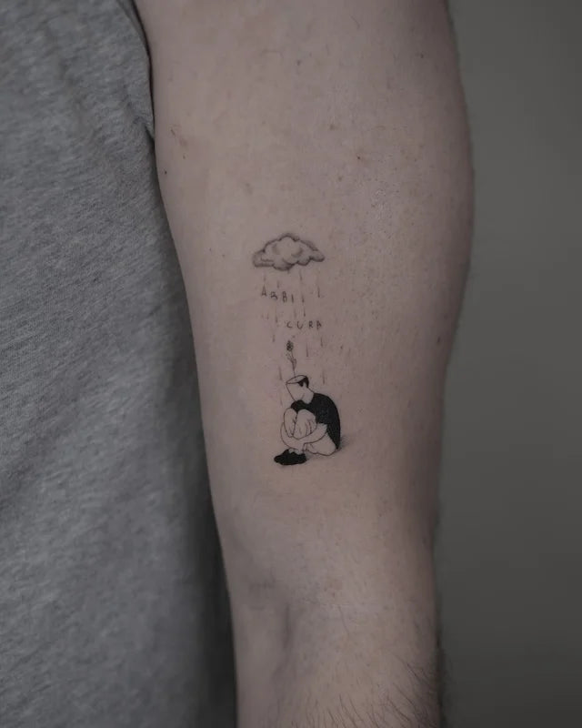 abstract illustrative minimalist raining man sitting depression tattoo