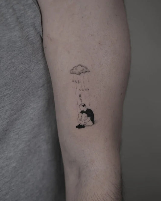 abstract illustrative minimalist raining man sitting depression tattoo