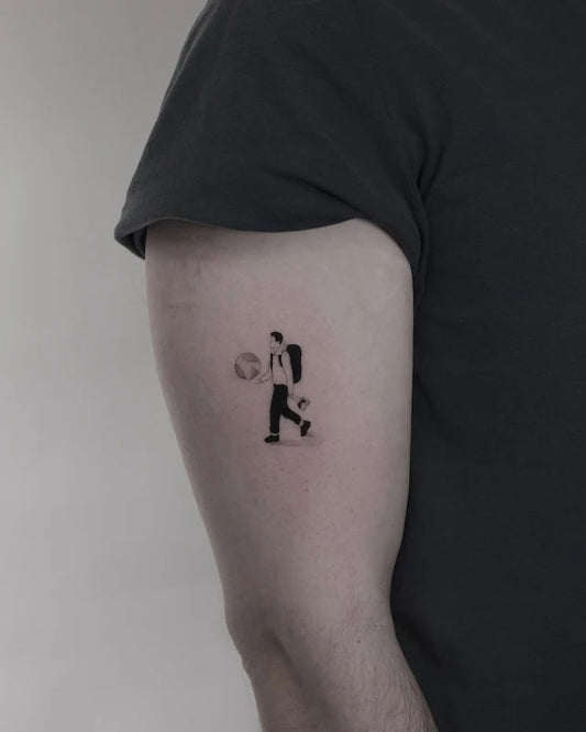 abstract illustrative minimalist student with globe ball tattoo 