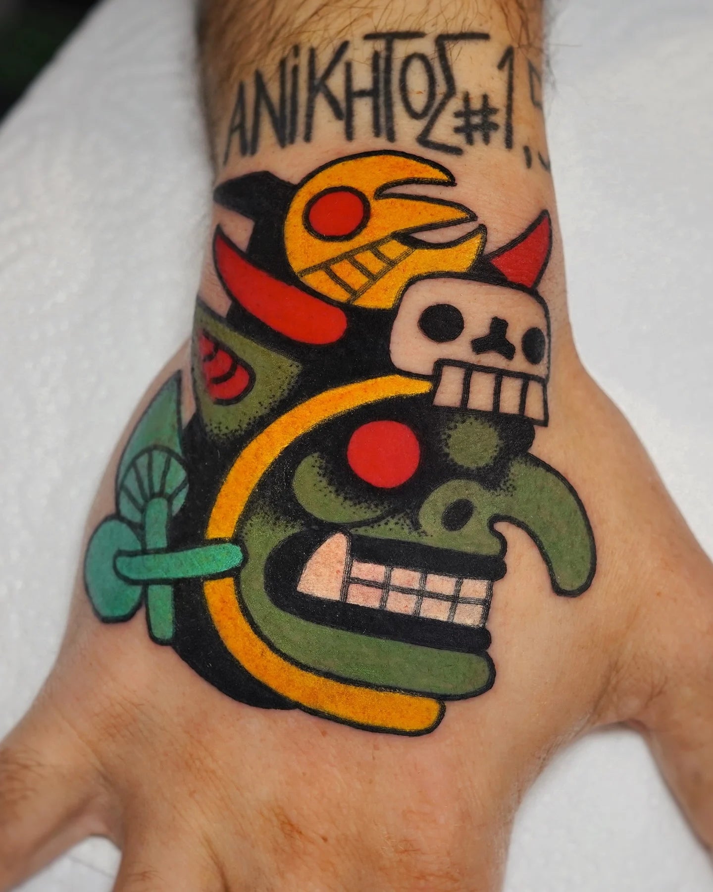 neo traditional cartoon Frankenstein colorful tattoo on hand