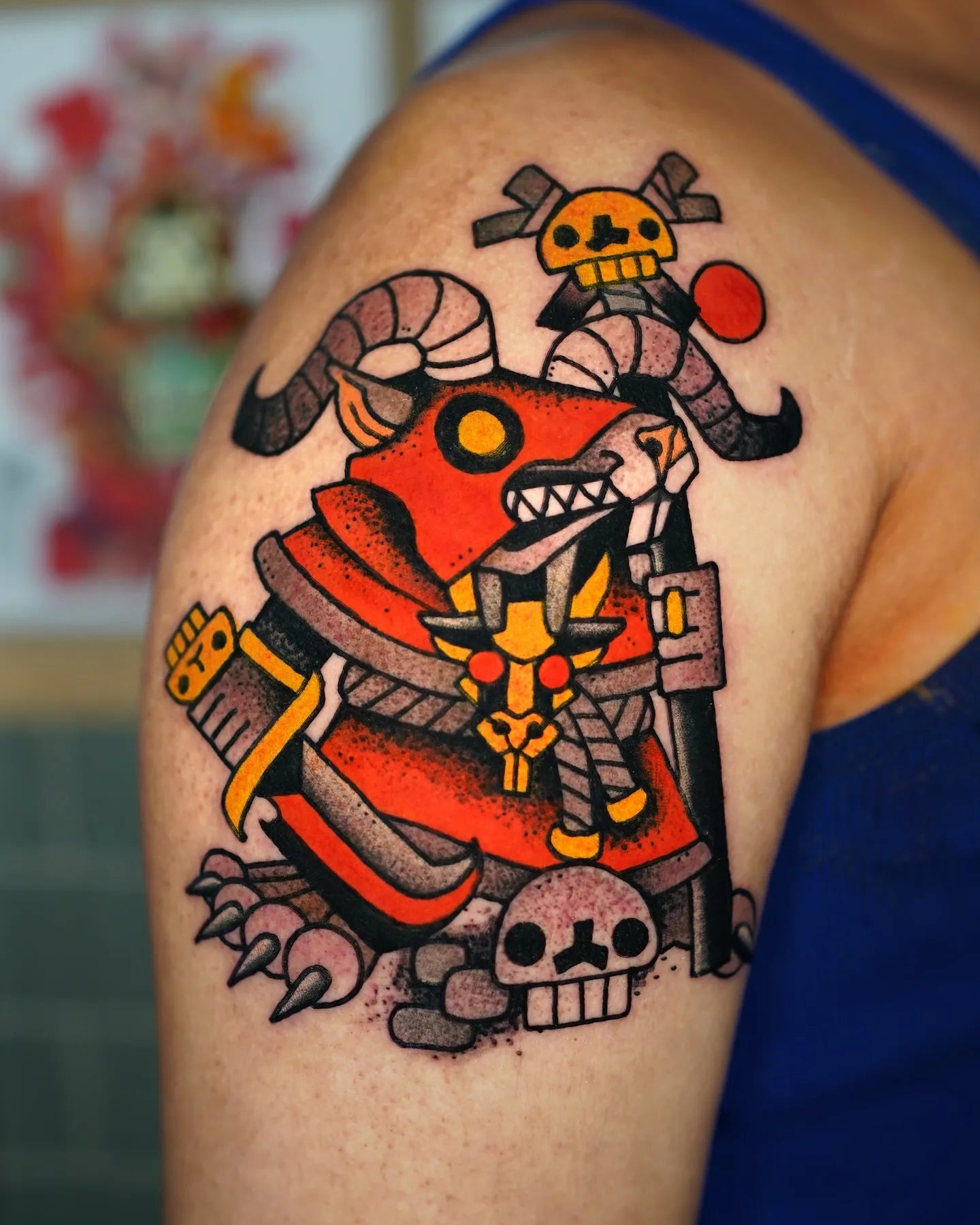 neo traditional cartoon ram tattoo on man shoulder