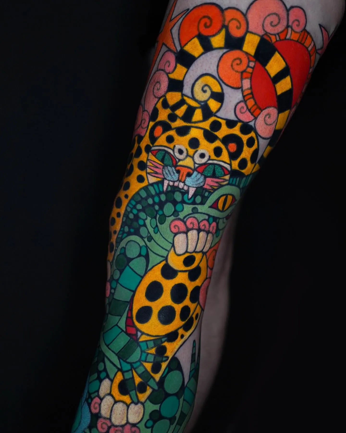 neo traditional cartoon tiger eating alligator tattoo