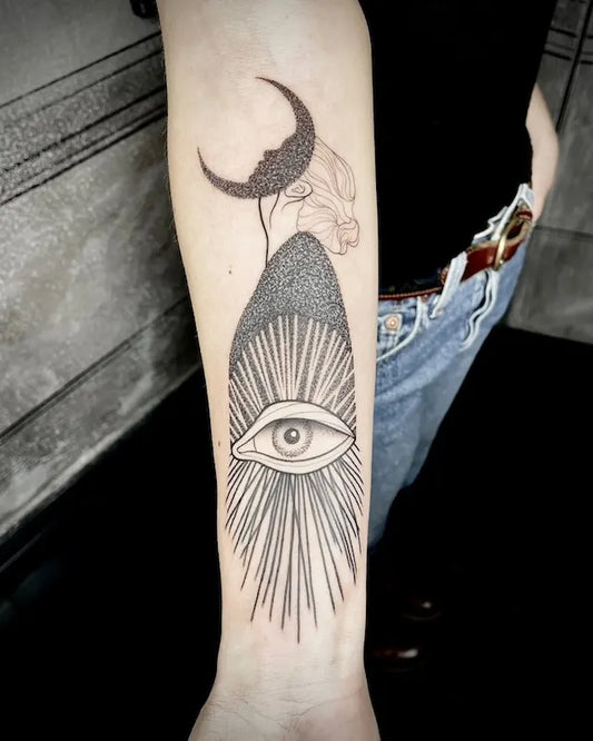 blackwork abstract eye and lines moon woman tattoo on forearm