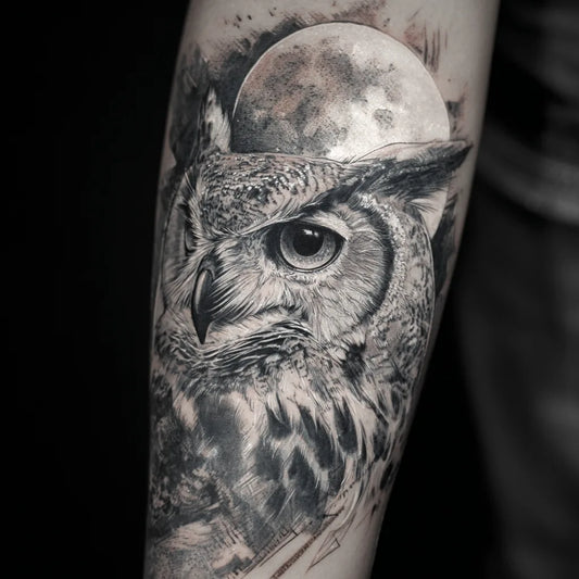 Gothic Owl And Moon Tattoo