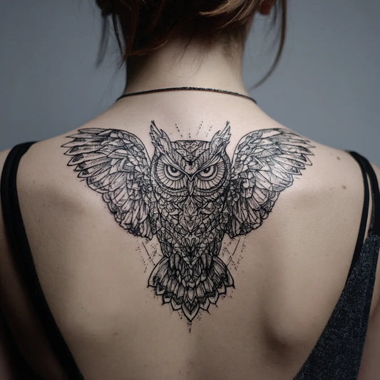 Guardian Owl Wings Back Tattoo