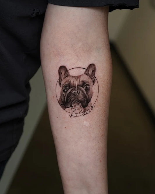 French Bulldog circle portrait with name tattoo