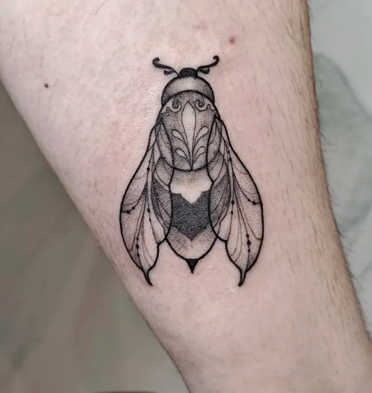 black and grey tattoo of a detailed bee fly