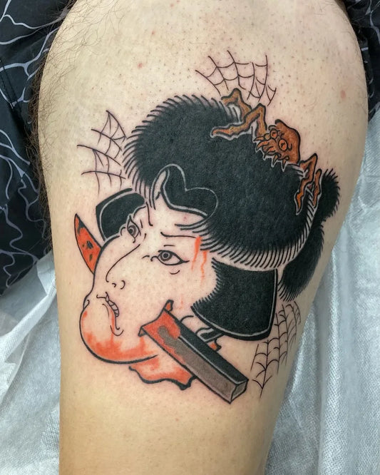 japanese tebori samurai with sword stabbed tattoo