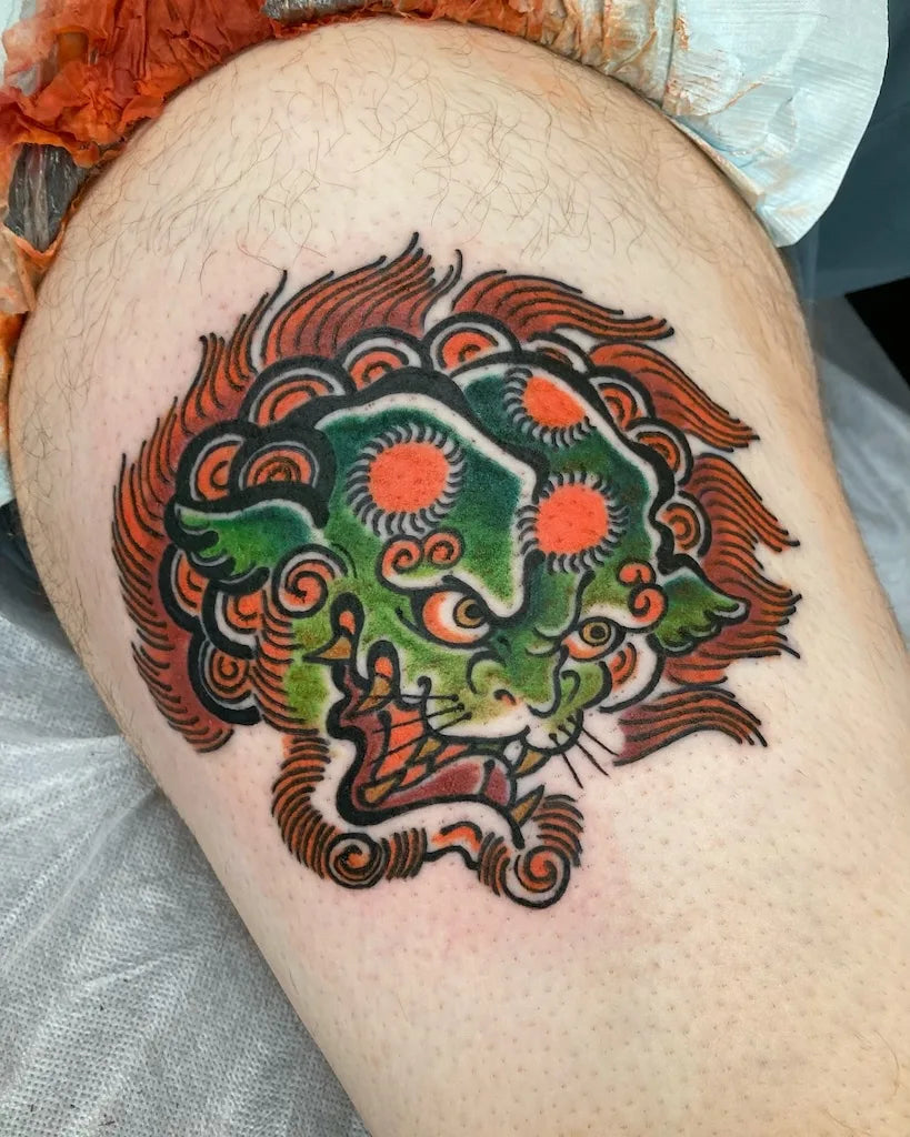 japanese green demon tebori Karajishi tattoo on man thigh
