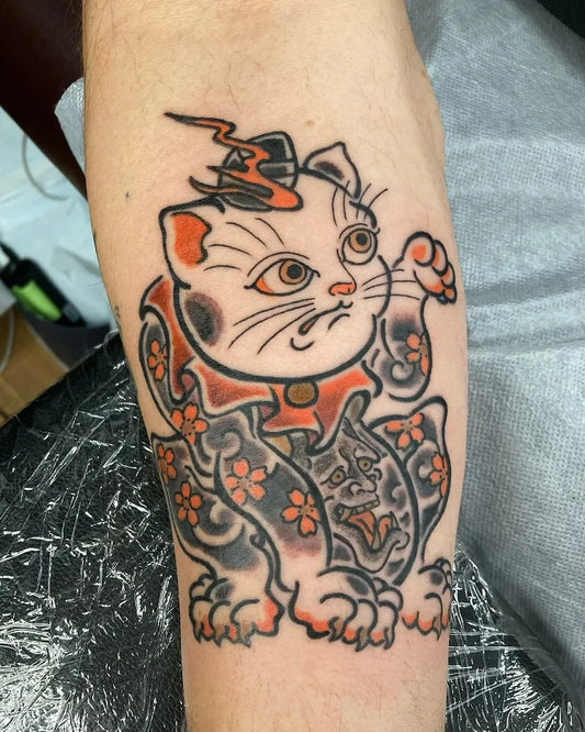 traditional japanese angry lucky cat with demon tattoo