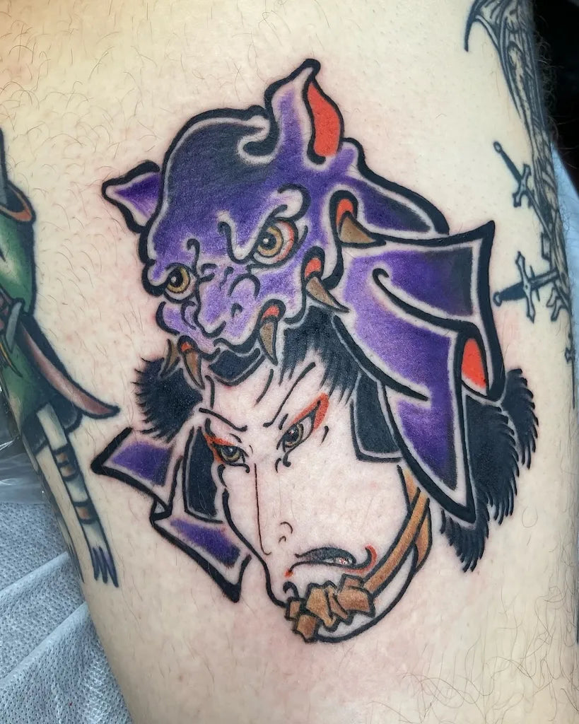 japanese samurai with purple demon helmet tattoo Akatsuki Hoshigoro