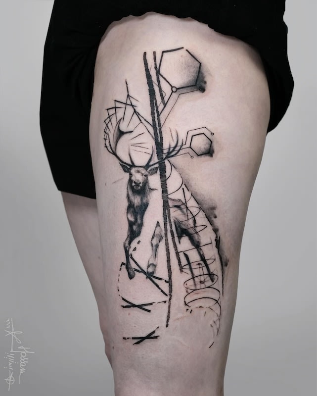 geometric abstract deer tattoo on thigh