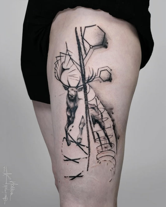 geometric abstract deer tattoo on thigh