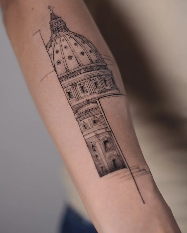 Saint Peter’s basilica architecture black and grey geometric tattoo on forearm