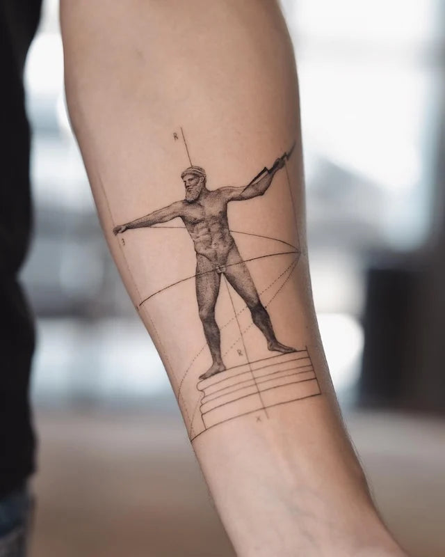 sculpture of Jupiter zeus greek god geometric black and grey dotwork tattoo on forearm
