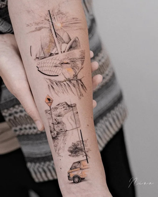 abstract tattoo of a sailboat, landscape, and truck on forearm