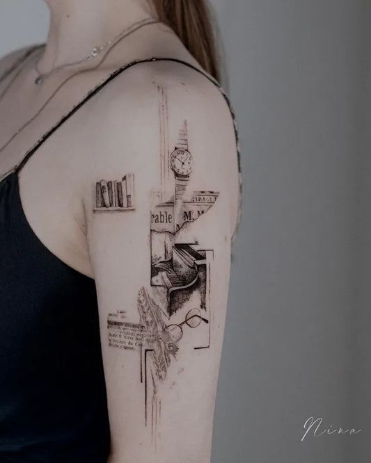 abstract tattoo on a woman arm with intricate designs and text