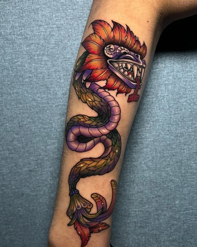 Quetzalcoatl floral serpent snake tattoo