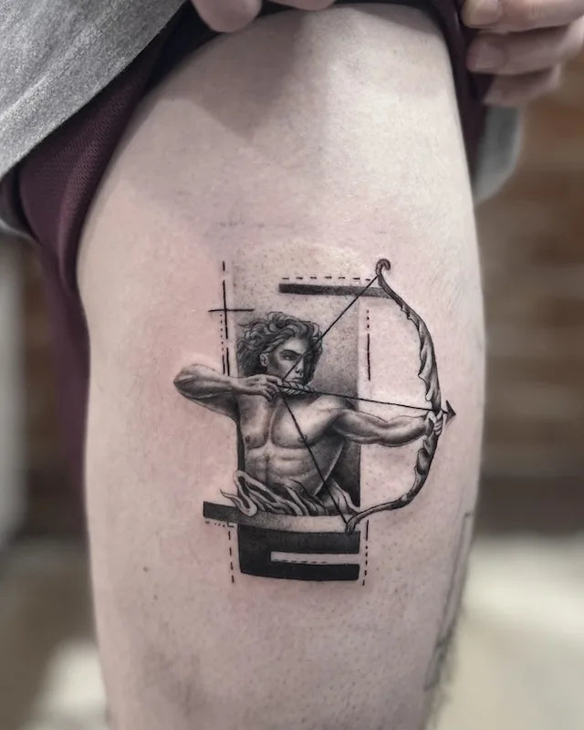 Black and grey geometric archer tattoo