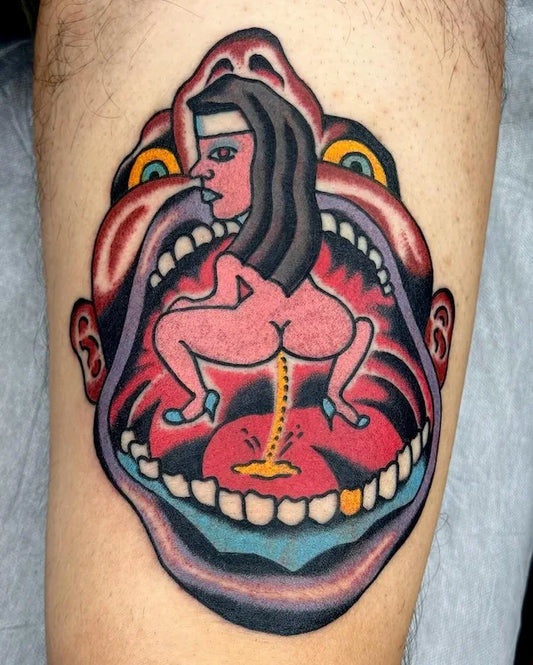 Traditional Woman Peeing in Mouth Color Abstract Tattoo