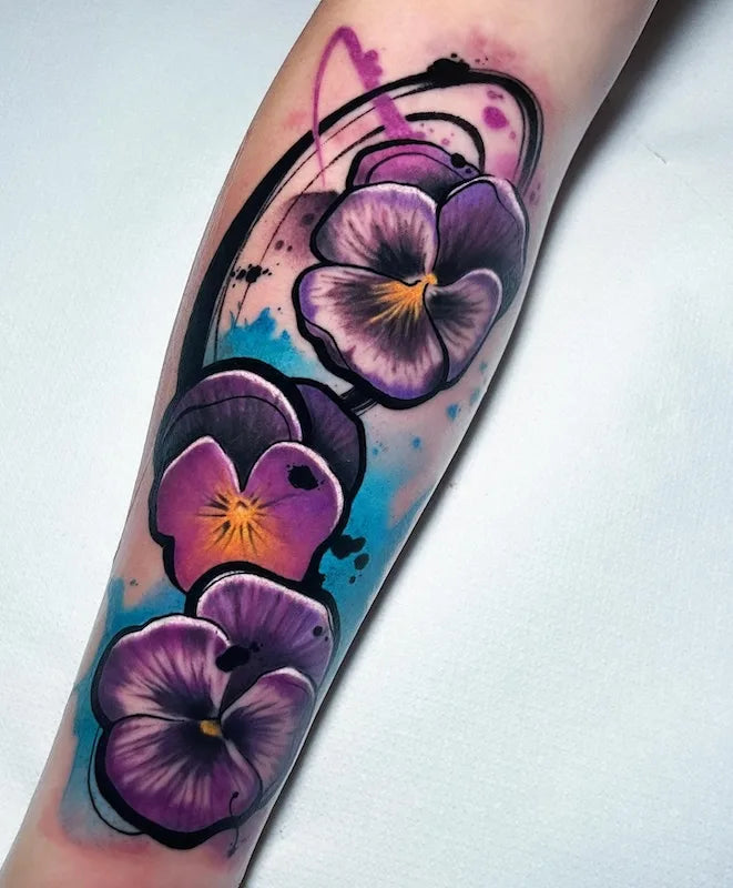 watercolor 3 purple violet flowers tattoo on forearm