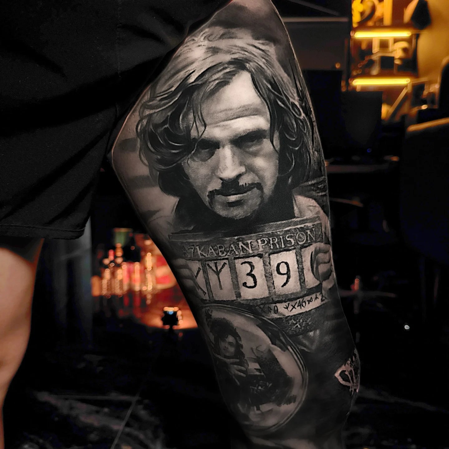 Sirius Black Azkaban portrait realism full leg tattoo on man thigh