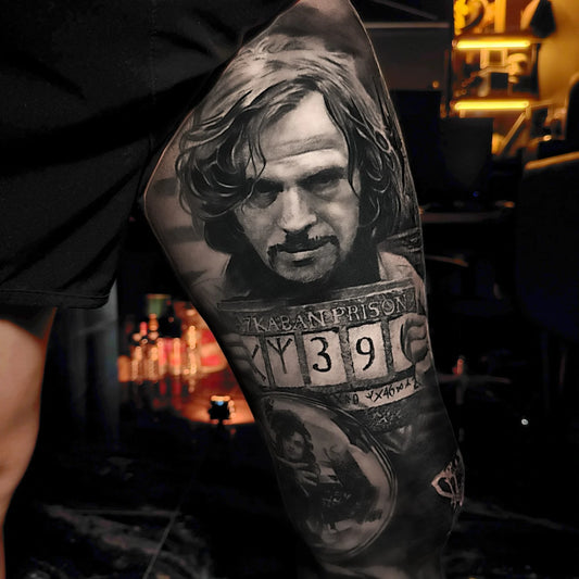 Sirius Black Azkaban portrait realism full leg tattoo on man thigh