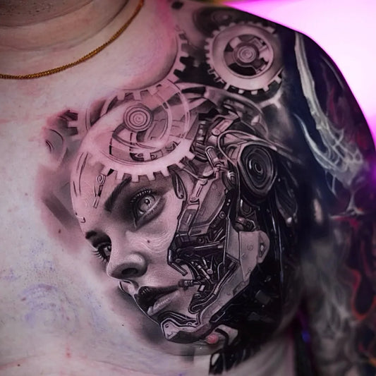 cyberpunk cyborg girl black and grey realism tattoo on man chest