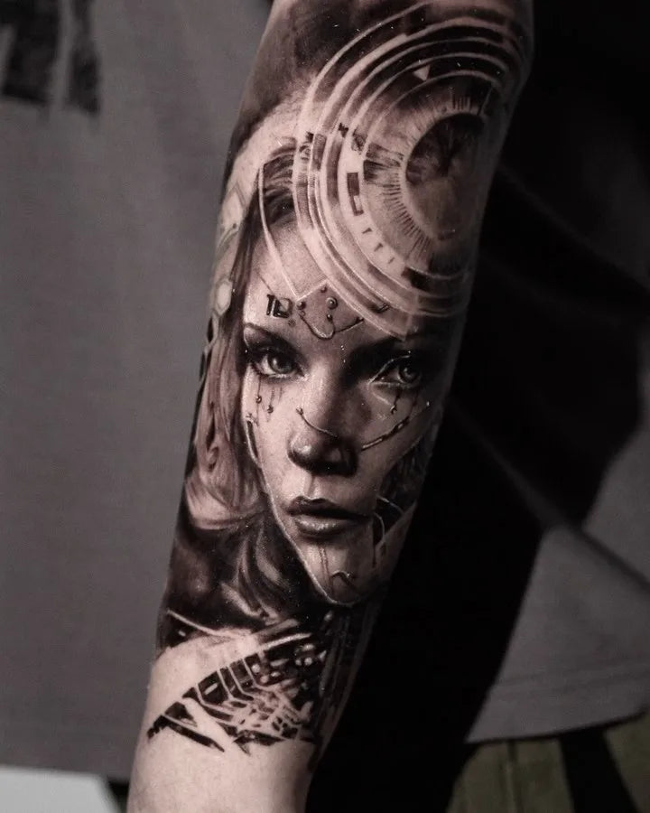 steam punk black and grey woman portrait realism tattoo on forearm sleeve