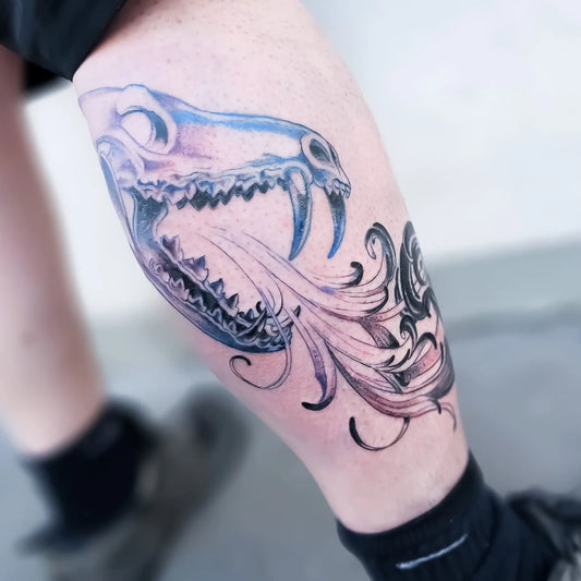 color dinosaur illustration calf tattoo