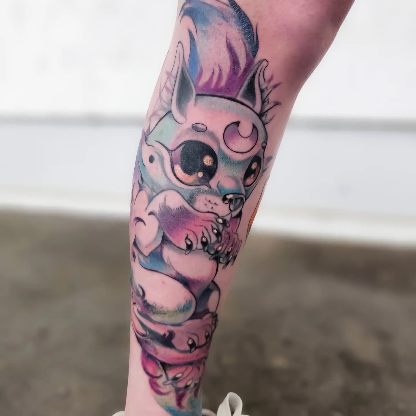 color cartoon anime leg tattoo