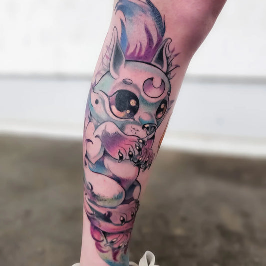 color cartoon anime leg tattoo