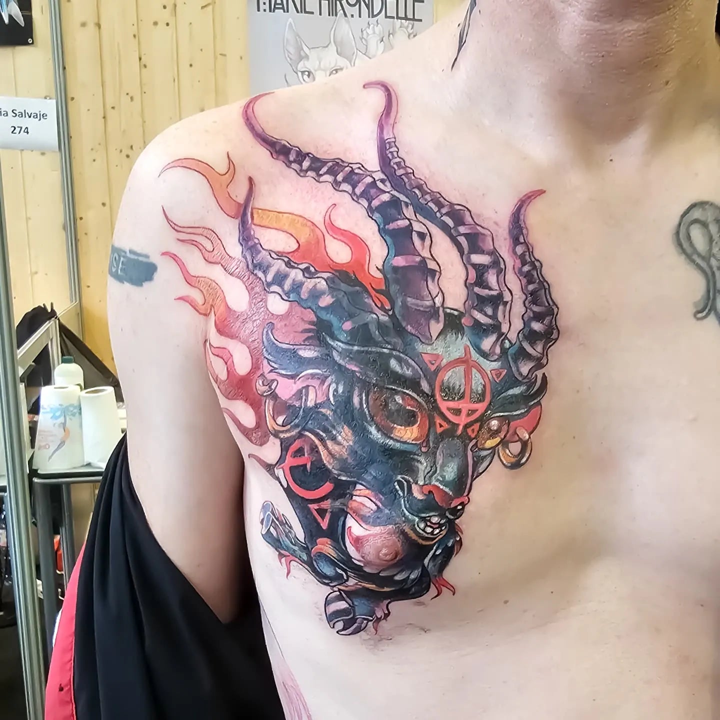 new school cartoon mythology colorful dragon man chest tattoo