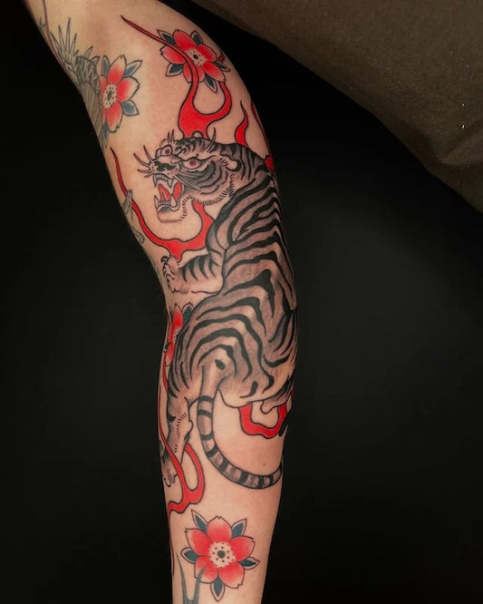 traditional japanese tiger floral color tattoo
