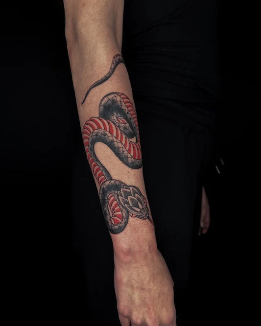 traditional red and black snake tattoo on man forearm