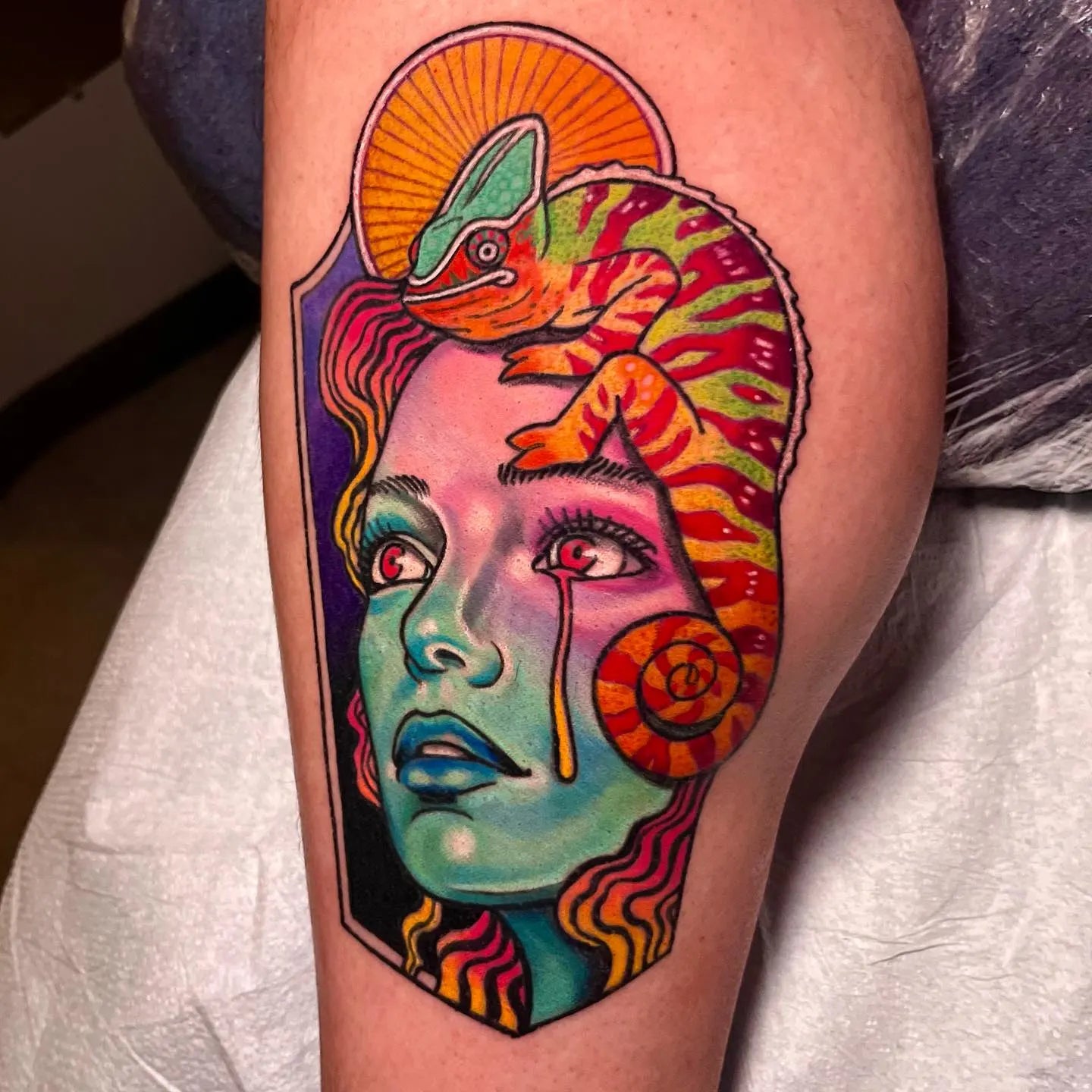 abstract neo traditional lady and lizard colorful tattoo
